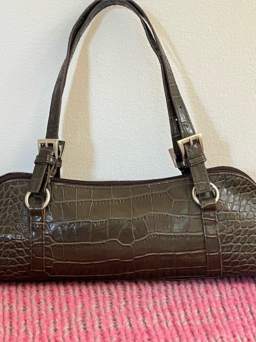 Bisou Bisou Y2K Croc Embossed East West Baguette (Brown/Olive Green Sheen)